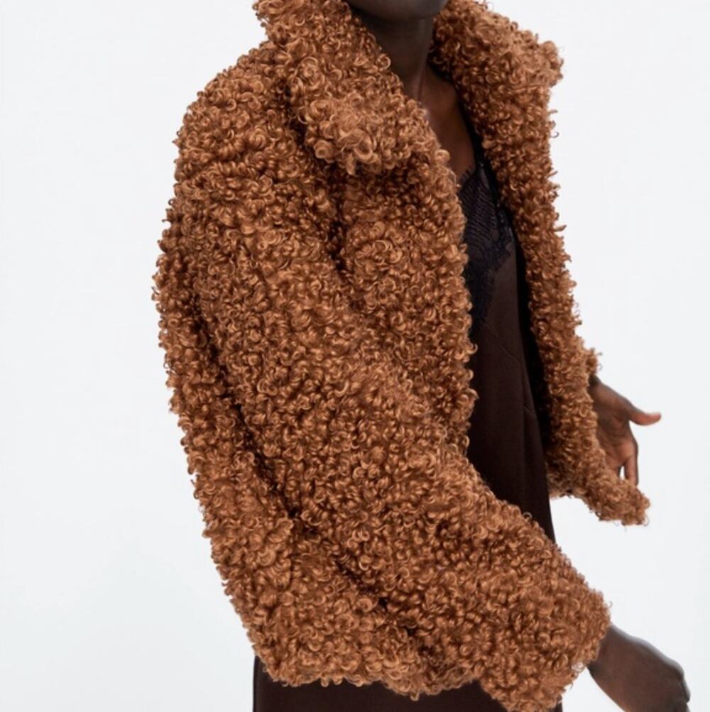River Island Brown Fuzzy Faux Fur Curly Sherpa Teddy Jacket Burnt Orange Medium